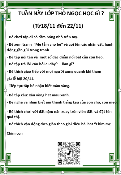 Kế hoạch chăm sóc giáo dục lớp Thỏ Ngọc từ 18/11/2024 đến 22/11/2024