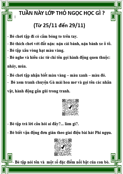 Kế hoạch chăm sóc giáo dục lớp Thỏ Ngọc từ 25/11/2024 đến 29/11/2024