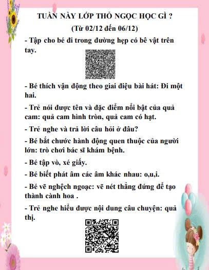 Kế hoạch chăm sóc giáo dục lớp Thỏ Ngọc từ ngày 02/12/2024 đến 06/12/2024