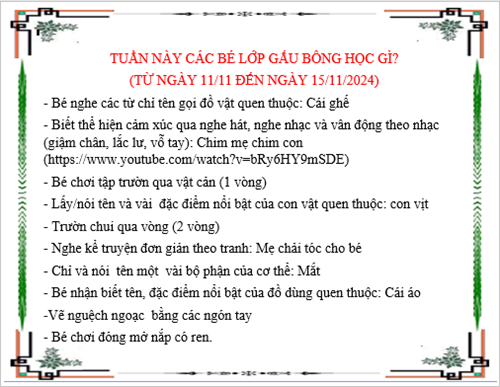 Kế hoạch chăm sóc giáo dục lớp Gấu Bông từ 11/11/2024 đến 15/11/2024