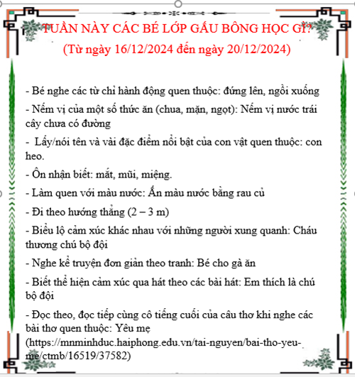 Kế hoạch chăm sóc giáo dục lớp Gấu Bông từ 16/12/2024 đến 20/12/2024