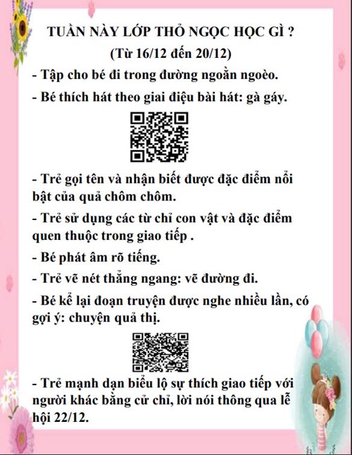 Kế hoạch chăm sóc giáo dục lớp Thỏ Ngọc từ 16/12/2024 đến 20/12/2024