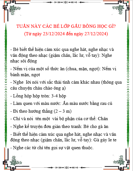 Kế hoạch chăm sóc giáo dục lớp Gấu Bông từ 23/12/2024 đến 27/12/2024