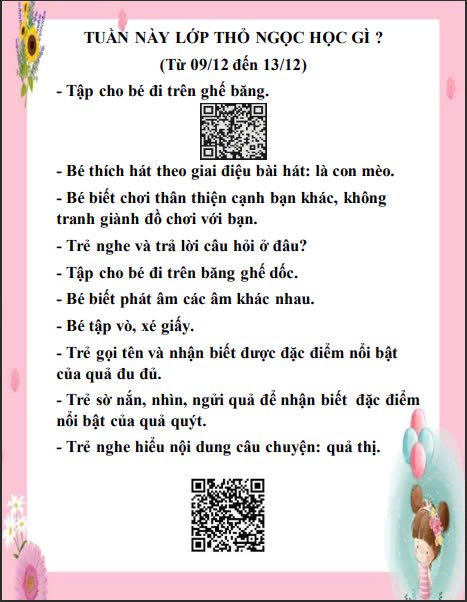 Kế hoạch chăm sóc giáo dục lớp Thỏ Ngọc từ ngày 09/12/2024 đến 13/12/2024