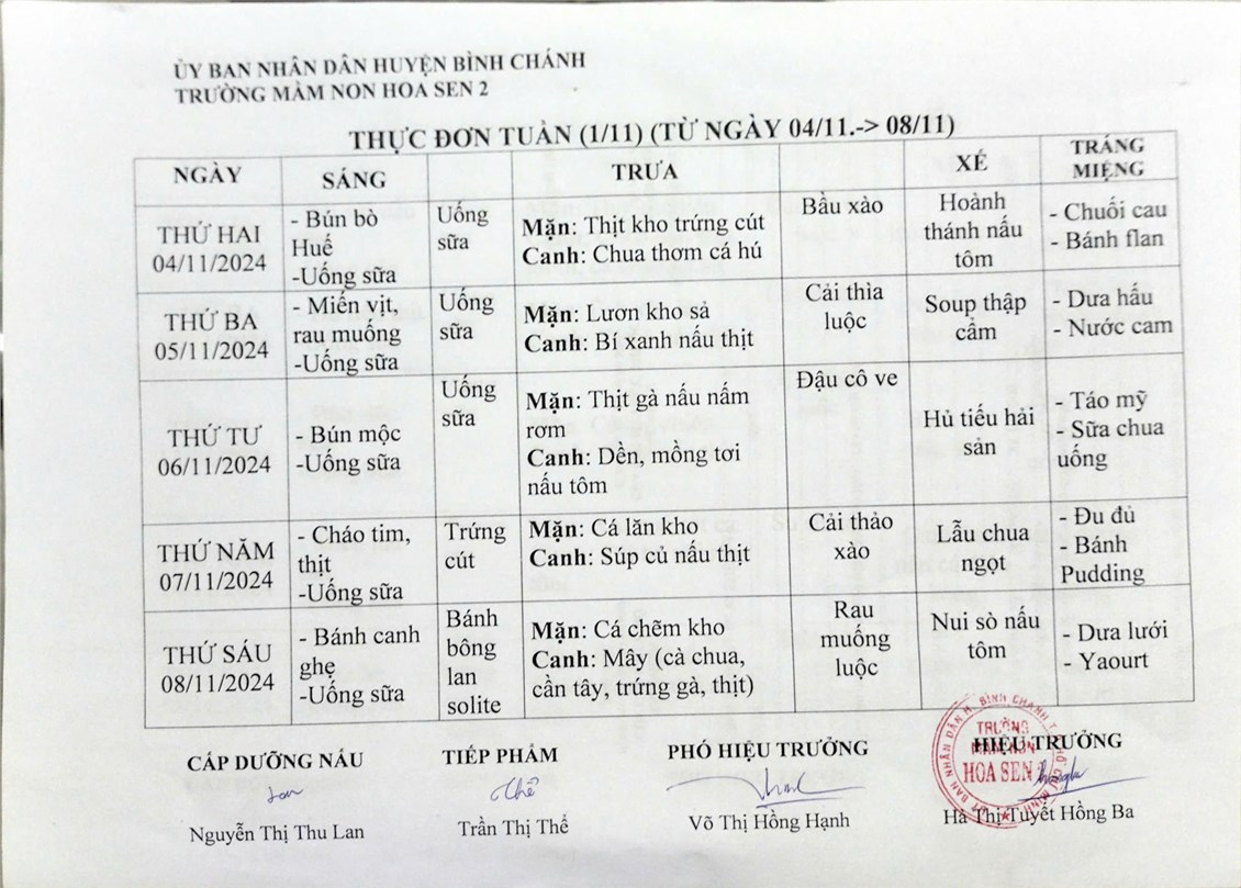 Thực đơn tháng 11 năm 2024 của trẻ (từ ngày 04/11/2024 đến ngày 29/11/2024)