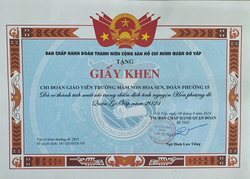 Chi đoàn giáo viên trường Mầm non Hoa Sen đã có thành tích xuất sắc trong chiến dịch tình nguyện Hoa phượng đỏ quận Gò Vấp năm 2024