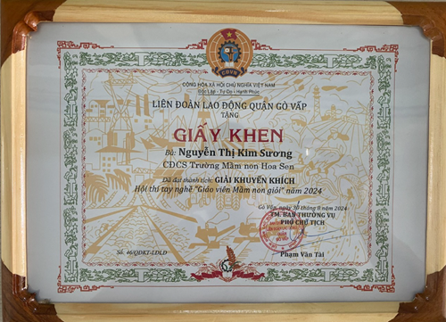 Cô Nguyễn Thị Kim Sương đã đạt giải Khuyến khích trong Hội thi tay nghề   Giáo viên Mầm non giỏi  năm 2024 