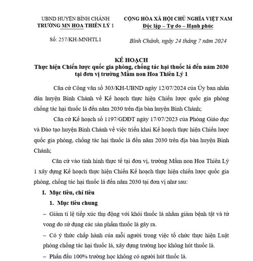 Chiến lược quốc gia phòng, chống tác hại thuốc lá đến năm 2030 tại đơn vị trường Mầm non Hoa Thiên Lý 1