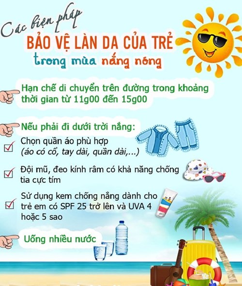 ✅ Các biện pháp bảo vệ làn da trẻ trong mùa nắng nóng
👉👉 Quần áo nên thoáng mát, rộng rãi, dễ thoát mồ hôi, kính râm có phủ lớp bảo vệ chống UV. Sau khi tiếp xúc ánh nắng, cần nghỉ ngơi, bổ sung đủ nước và dinh dưỡng. Đồng thời, cần làm sạch da đúng cách, sử dụng các loại kem dưỡng, mặt nạ giúp cung cấp ẩm, làm dịu da và giảm viêm cho da
Phụ huynh học sinh hãy cùng Trường Mầm non Hoa Thiên Lý 2 tìm hiểu biện pháp bảo vệ làn da trẻ trong mùa nắng nóng nhé!