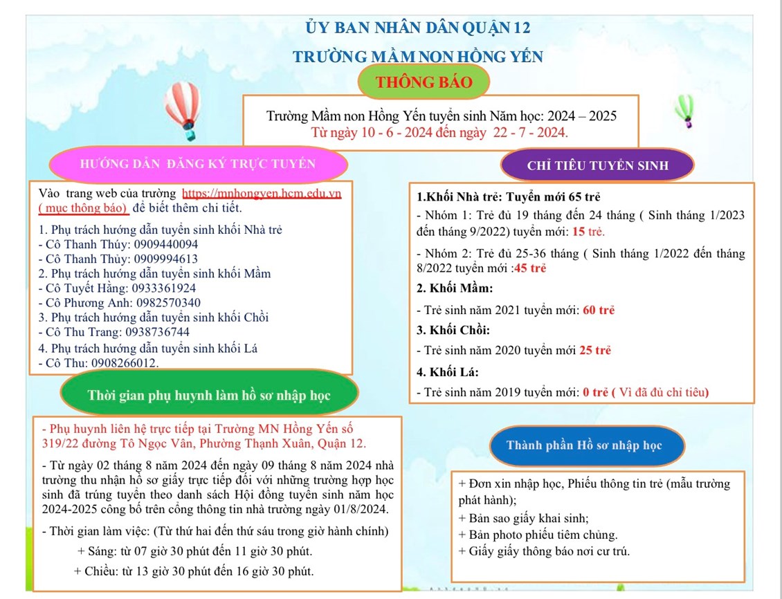 Trường mn hồng yến thông báo kế hoạch tuyển sinh năm học 2024-2025