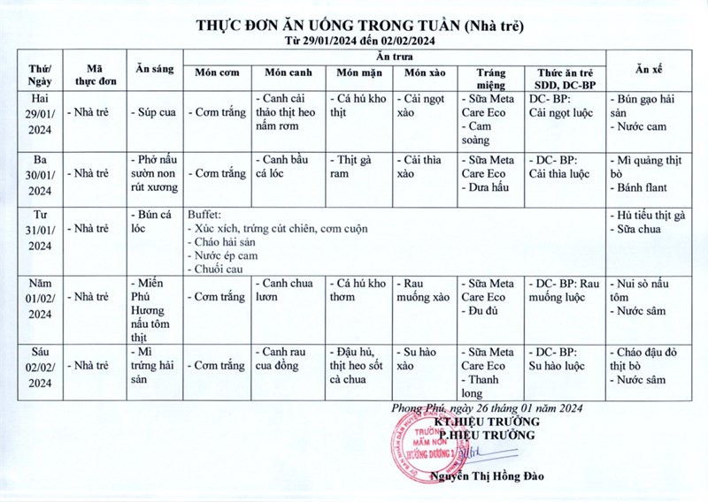 Thực đơn ăn uống Nhà trẻ từ 29/01/2024 đến 02/02/2024