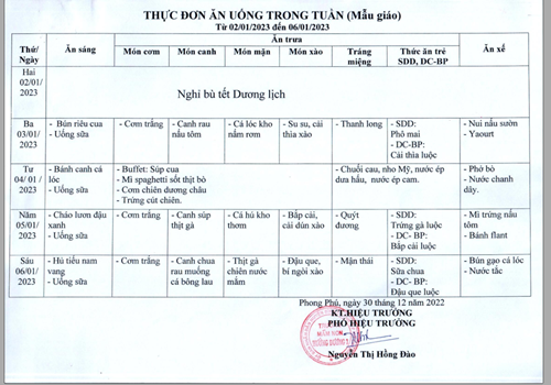 Thực đơn ăn uống trong tuần Mẫu giáo ( từ ngày 02/01/2023 -06/01/2023 )