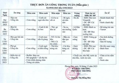 Thực đơn ăn uống trong tuần Mẫu giáo ( từ ngày 09/1/2023 - 13/01/2023 )