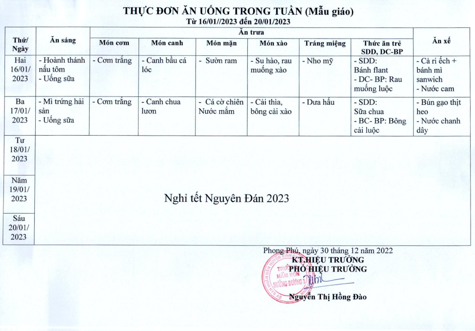 Thực đơn ăn uống trong tuần Mẫu giáo ( từ ngày 16/1/2023 - 20/01/2023 )