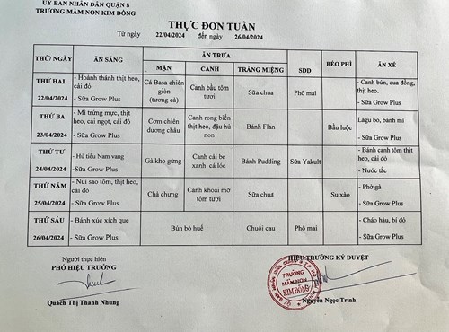 Thực đơn tuần từ 22/4/2024 đến 26/4/2024