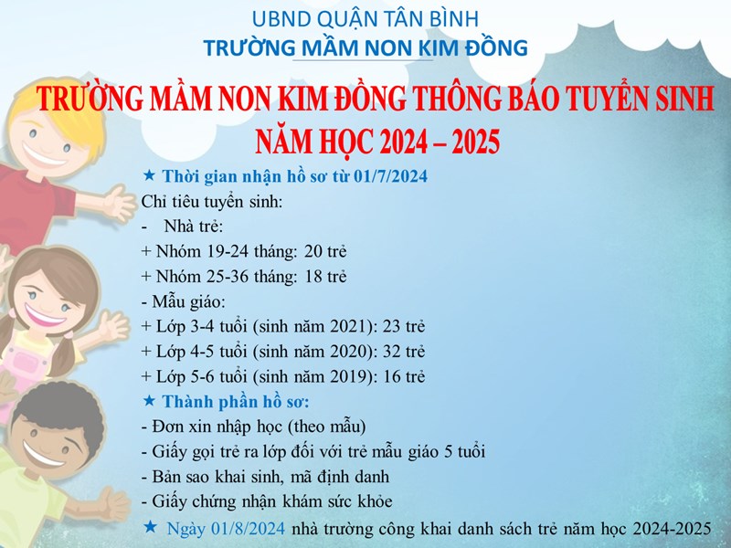 Trường Mầm non Kim Đồng thông báo tuyển sinh năm học 2024-2025