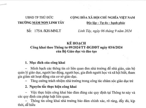Công khai theo thông tu 09/2024/tt-bgddt ngày 03/6/2024 của bộ giáo dục và đào tạo
