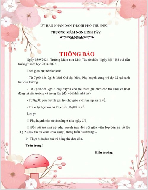 Thông báo Ngày hội bé đến trường 5/9/2024 của Trường MN Linh Tây