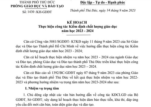 Kế hoạch kiểm định chất lượng giáo dục năm học 2023-2024 của PGDĐT TP. Thủ Đức