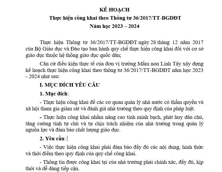 Thực hiện công khai theo Thông tư 36/2017/TT-BGDĐT năm học 2023 – 2024