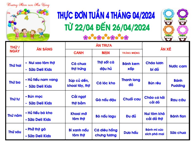 Thực đơn cho trẻ từ ngày 22/04/2024-26/04/2024