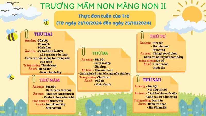 Thực đơn tuần của Trẻ
(Từ ngày 21/10/2024 đến ngày 25/10/2024)