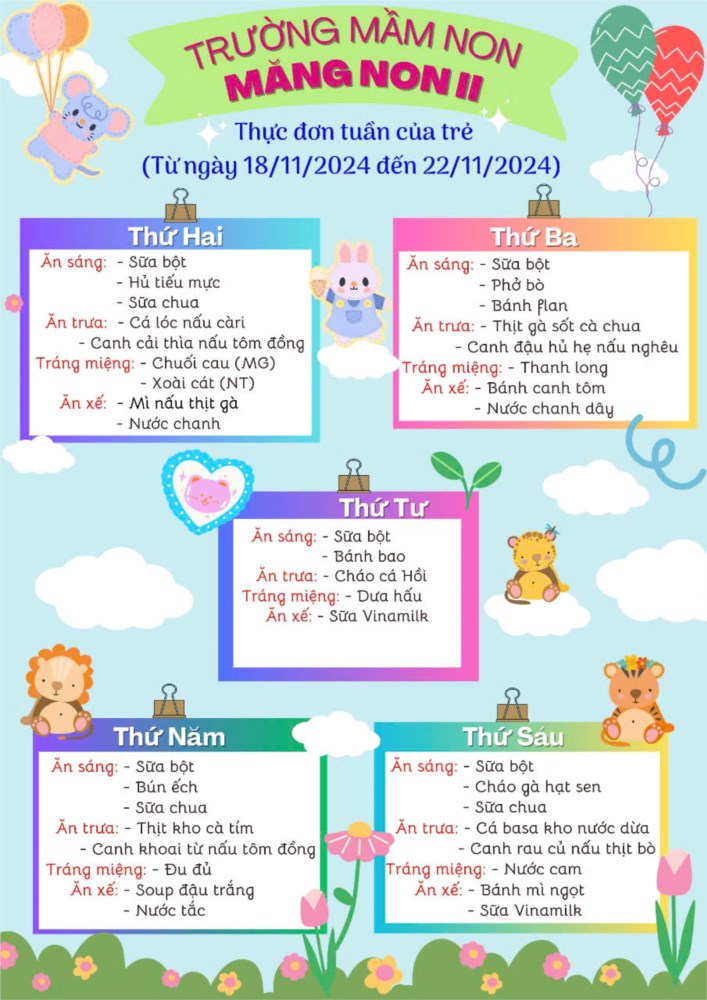 Thực đơn tuần của Trẻ
( Từ ngày 18/11/2024 đến ngày 22/11/2024 )