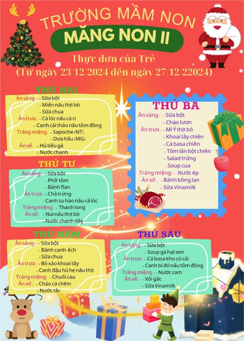 Thực đơn tuần của Trẻ
(Từ ngày 23/12/2024 đến ngày 27/12/2024)