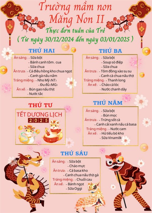 Thực đơn tuần của Trẻ
(Từ ngày 30/12/2024 đến ngày 03/01/2025)