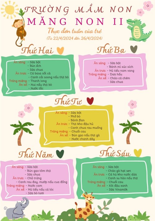 Thực đơn tuần của trẻ
(Từ 22/4/2024 đến 26/4/2024)