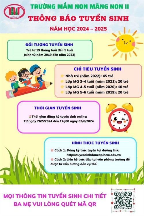 🏘 Trường MN Măng non II thông báo về việc tuyển sinh năm học 2024-2025🏘
🍀PH đăng nhập vào đường Link để đăng ký nhập học cho trẻ 🍀
https://tuyensinhdaucap.hcm.edu.vn