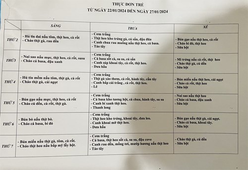Thực đơn theo tuần từ 22/1/2024 đến ngày 27/1/2024 của trường MN Nai Vàng