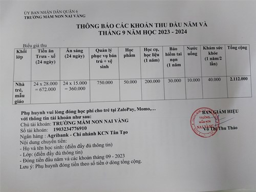 Thông báo các khoản thu đầu năm học 2023 - 2024 của trường MN Nai Vàng