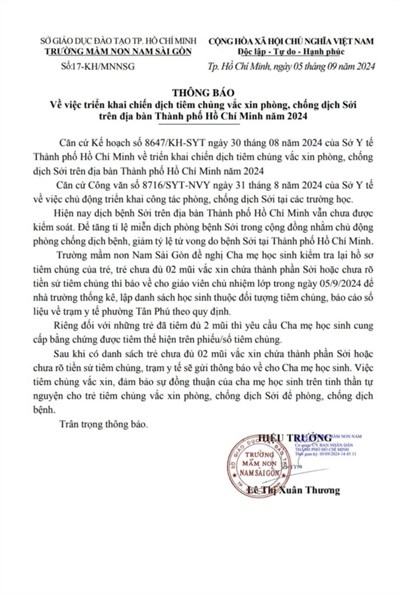 Trường Mầm non Nam Sài Gòn kính gửi Thông báo về việc triển khai chiến dịch tiêm chủng vắc xin phòng, chống dịch Sởi trên địa bàn Thành phố Hồ Chí Minh năm 2024.