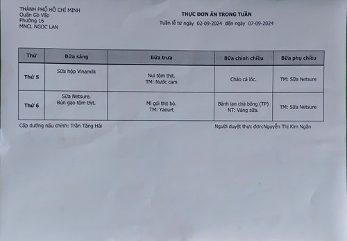 Dự kiến Thực đơn tuần của bé (Từ 02/9/2024 đến 07/9/2024)