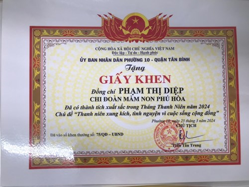 Cô Diệp Chi Đoàn Trường MN Phú Hòa đã có thành tích xuất sắc trong tháng Thanh niên năm 2024