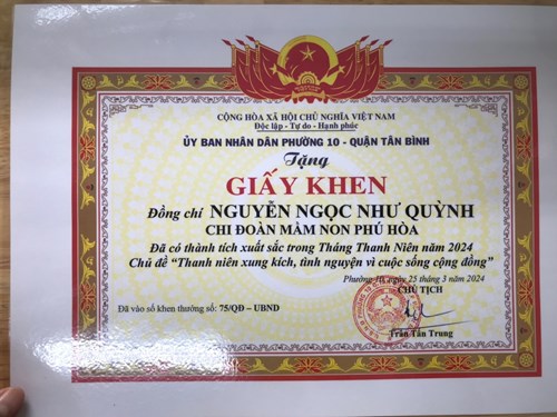 Cô Quỳnh Chi Đoàn Trường MN Phú Hòa đã có thành tích xuất sắc trong tháng Thanh niên năm 2024