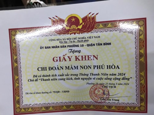 Chi Đoàn Trường MN Phú Hòa đã có thành tích xuất sắc trong tháng Thanh niên năm 2024