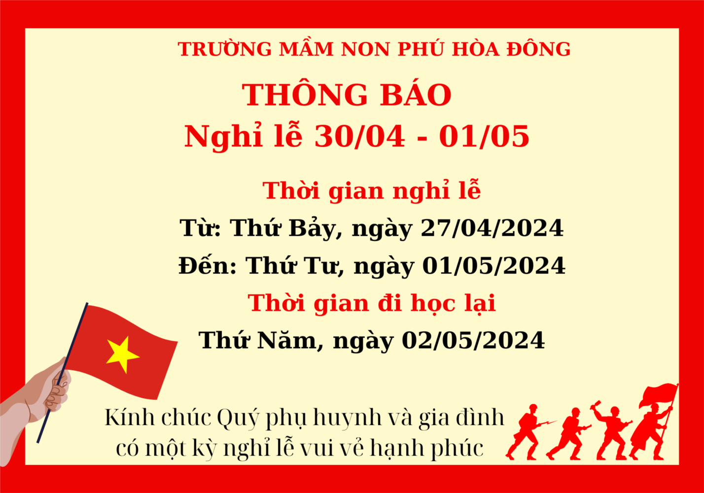 Trường MN Phú Hòa Đông - Thông báo về việc nghỉ Lễ Ngày Chiến Thắng 30/4 và Quốc Tế Lao Động 01/5 năm 2024
