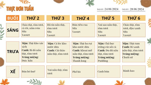 Trường MN Phú Hòa Đông - Thực đơn tuần: Từ ngày 24/06/2024 đến ngày 28/06/2024