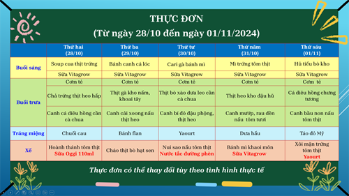 Kính gửi Quý phụ huynh học sinh thực đơn tuần từ 28/10/2024 đến 01/11/2024 của các em! Thực đơn có thể thay đổi tùy theo tình hình thực tế