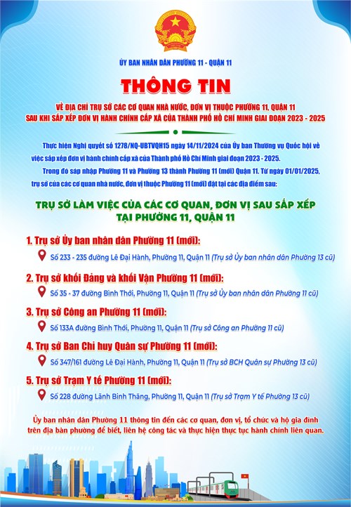Thông tin về địa chỉ trụ sở các cơ quan nhà nước, đơn vị thuộc phường 11, quận 11 sau khi sắp xếp đơn vị hành chính cấp xã của thành phố hồ chí minh giai đoạn 2023 - 2025