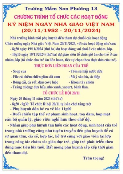 Chương trình tổ chức các hoạt động
Kỷ niệm ngày Nhà giáo Việt Nam
(20/11/1982 - 20/11/2024)