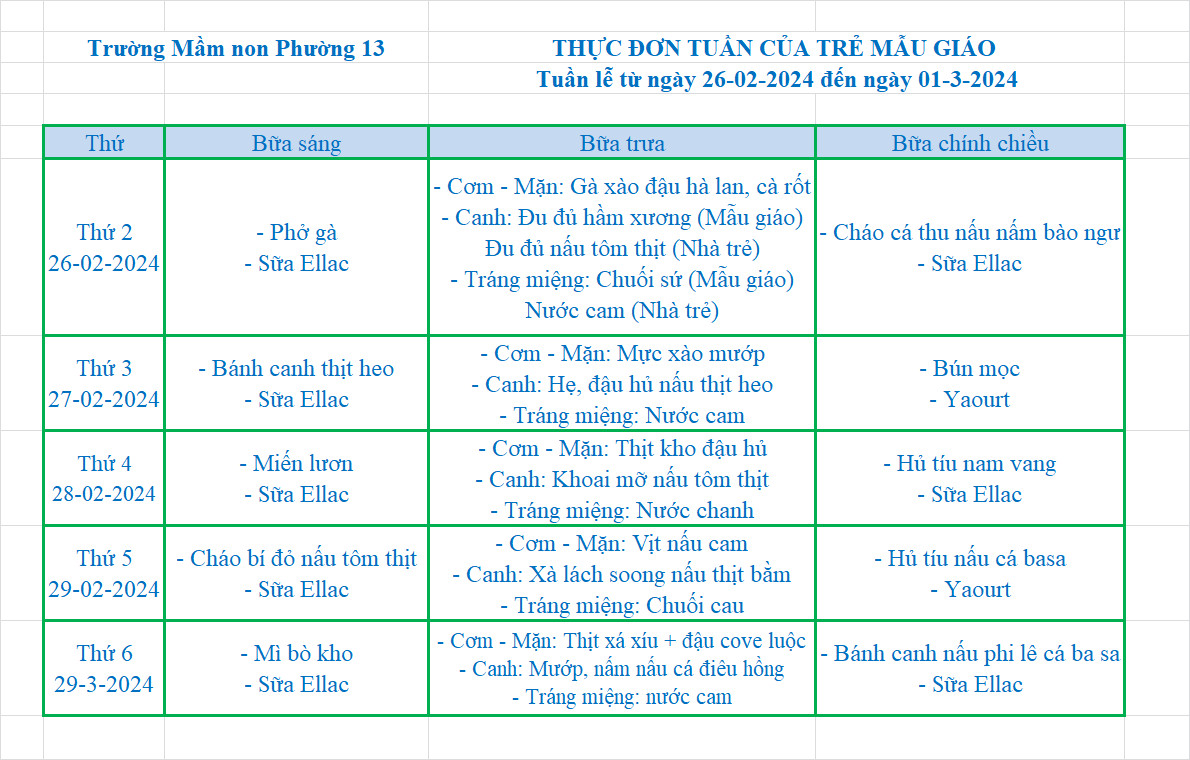 Thực đơn tuần từ 26.2.2024 đến 01.3.2024