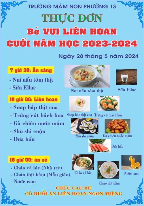 Thực đơn bé VUI LIÊN HOAN cuối năm học 2023-2024