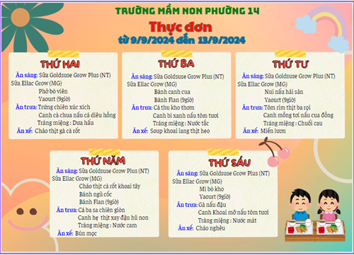 Thực đơn từ ngày 9/9 đến 13/9/2024