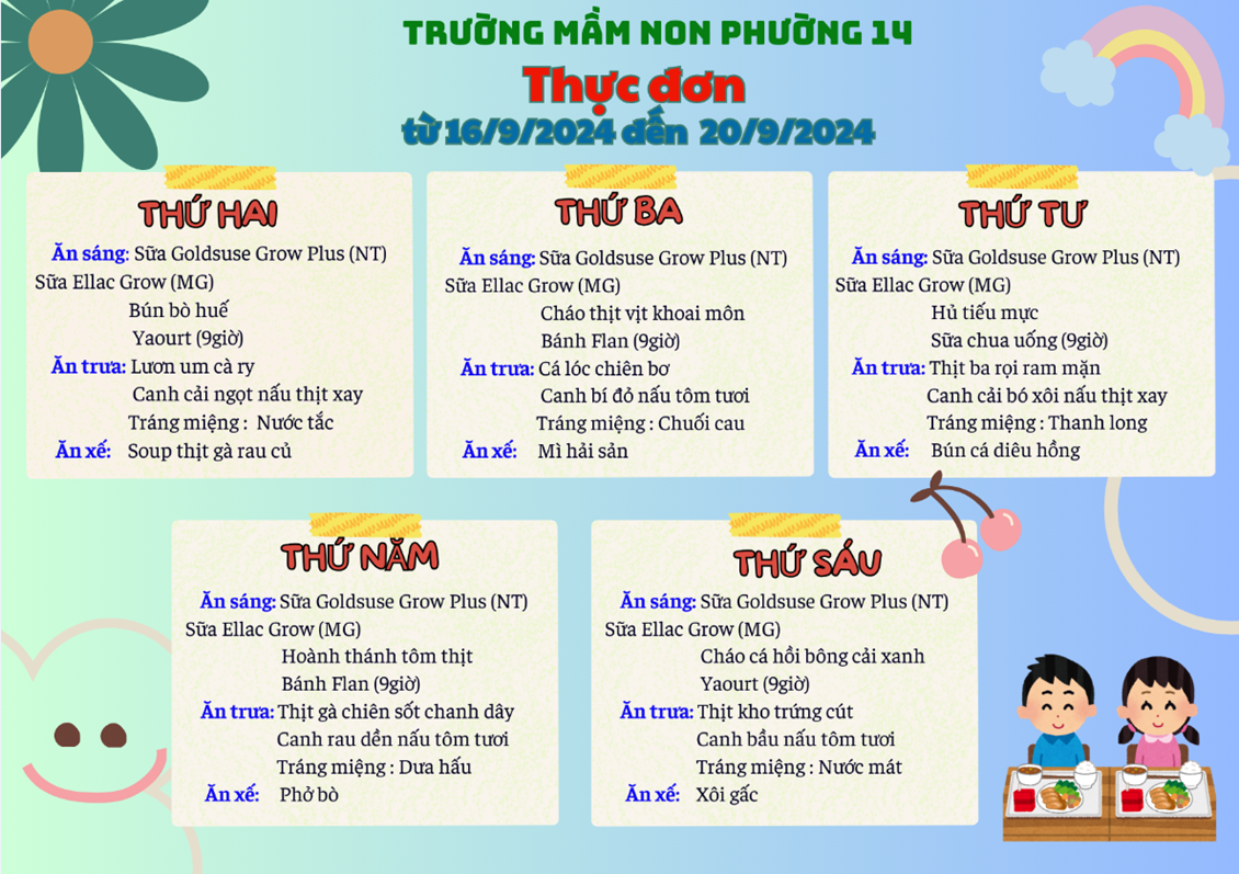 Thực đơn từ 16/9/2024 đến 20/9/2024