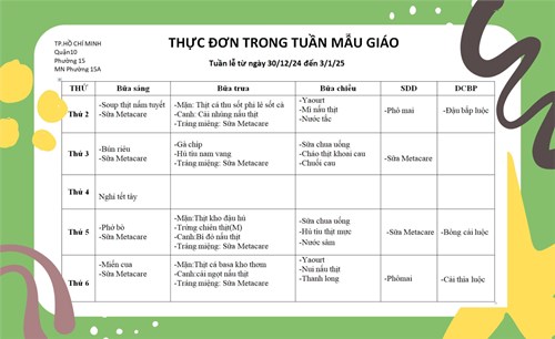 Thực đơn tuần từ ngày 30/12/2024 đến ngày 03/01/2025