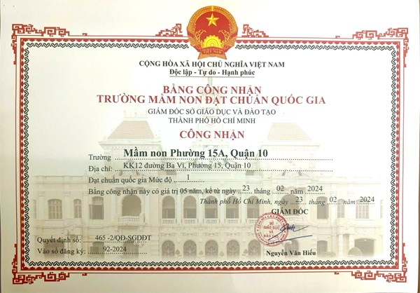 Bằng công nhận Trường mầm non Đạt Chuẩn Quốc Gia
Mức độ 1