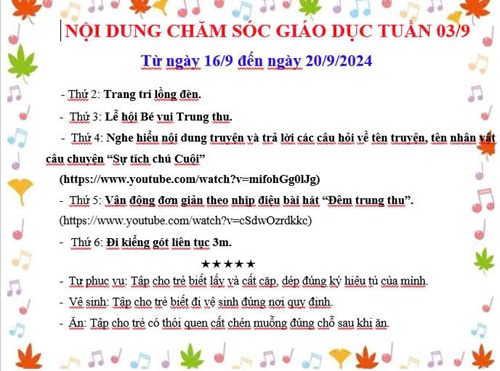 Nội dung Chăm sóc giáo dục lớp Mầm (16/9 đến 20/9/2024)